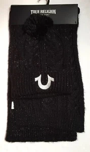 TRUE RELIGION SCARF & BEANIE HAT BLACK & METALLIC SILVER Embroidered Logo NWT - Picture 1 of 4