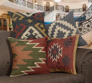 Set of 4 Handmade Wool Jute Pillow Cases 45x45 cm Boho Home Décor Cushion Cover - Picture 1 of 7