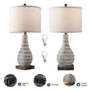 24 in. Distressed Wood Table Lamp Set of 2 with Outlets and USB Ports and Touch - Picture 1 of 8