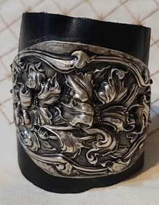 Blumenmuster Sterlingsilber 925 Leder Bracer breite Manschette Armband Gladiator viktorianisch - Bild 1 von 5