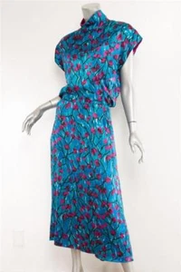 KARL LAGERFELD VINTAGE Blue Magenta Floral Silk Mock Neck Long Pocket Dress 2-38 - Picture 1 of 7