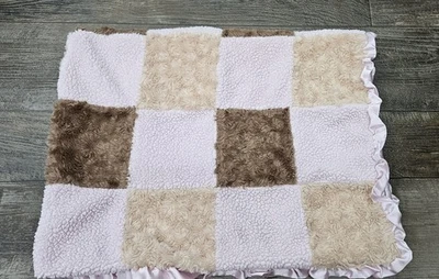 Cocalo Baby Blanket blue Brown Pink satin trim & back Patchwork - Image 1 of 4