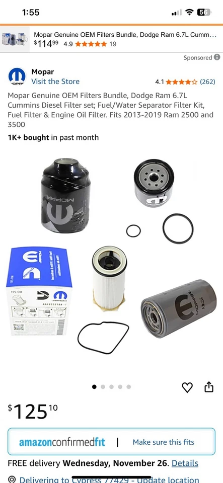 Paquete de filtros originales; se adapta a Dodge Ram 2013-2019 6,7 L Cummins diésel 2500, 3500 Foto 1 de 1