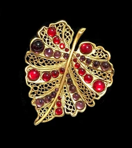 Oscar de la Renta Vintage Birke filigran Blatt Brosche Glas Cabochon rot lila - Bild 1 von 4