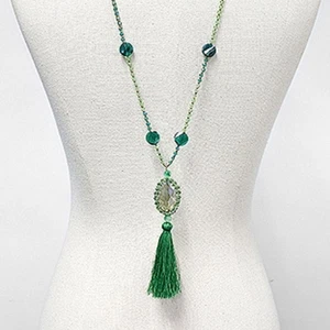 Long Tassel Necklace Beaded Jade, Crystal Glass - Picture 1 of 5