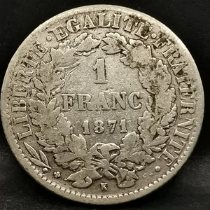 1 FRANC 1871 K BORDEAUX ARGENT 835‰ CERES IIIème REPUBLIQUE/ FRANCE / Réf. 19925 - Picture 1 of 2