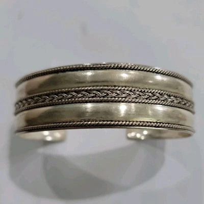 vintage FAS 925 Sterling Silver Cable Design Adjustable Open Cuff Bracelet  - Image 1 of 4