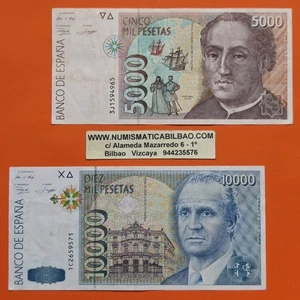 2 BILLETES MUY CIRCULADOS x España 5000 + 10000 PESETAS 1992 JUAN CARLOS I P/2 - Picture 1 of 5
