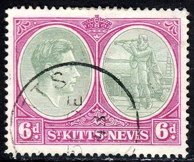 San Cristóbal-Nevis Rey Jorge VI 1943 6d. VARIEDAD verde y púrpura Perf.14 SG 74b VFU Foto 1 de 2