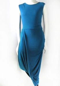 Casual Couture Teal Blue Stretch Rayon Asymmetrical Draped Sheath Dress S D659 - Picture 1 of 6