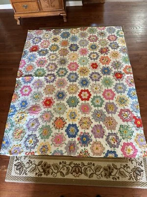 Vintage Grandmother's Flower Garden  Quilt Handstitched  Handquilted 82x65 - Image 1 of 4