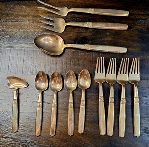 Antique K. Thailand Dessert 12 pc Bronze Or Brass Flatware Set Gold Tone - Picture 1 of 11