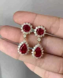 4 Ct Pear Cut Simulated Ruby Women's Dangle/Drop Earring 14K Yellow Gold Plated - Picture 1 of 7