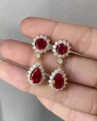 Pendiente colgante/caída de rubí simulado corte pera de 4 quilates para mujer enchapado en oro amarillo de 14 quilates Foto 1 de 4