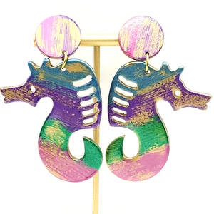 Seahorse Statement Large Colorful Stripes Wood Die Cut Clip On Earrings - Picture 1 of 15