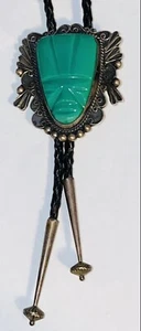 VINTAGE LARGE TAXCO STERLING SILVER AZTEC BOLO JADE STONE LEATHER TIE SIGNED - Picture 1 of 2