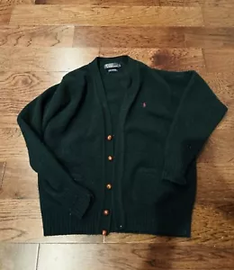 Vintage Large Polo Ralph Lauren Lambs Wool Cardigan Sweater, Leather Buttons! - Picture 1 of 8