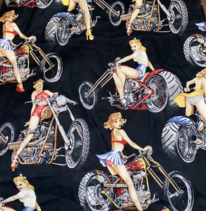 Alexander Henry Motorcycle Pinup Hot wheels/girls cotton fabric 1/2 yd 20”X36” - Picture 1 of 5