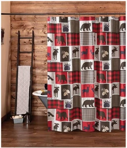 Rustic Lodge Theme Fabric Shower Curtain with Hooks Set Country Cabin Black Bear - Picture 1 of 3