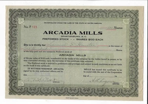 SOUTH CAROLINA 1931 Arcadia Mills Stock Certificate Spartanburg - Picture 1 of 2