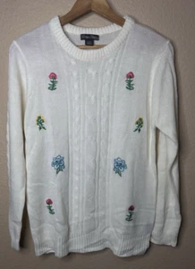 Evelyn Taylor Embroidered Cable Knit Sweater Cream Floral Large Lightweight - Picture 1 of 6