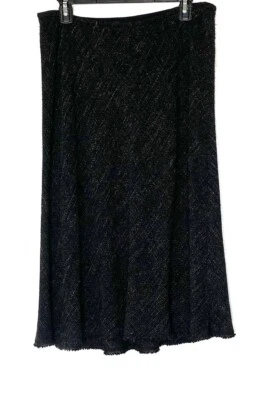 Falda midi EILEEN FISHER negra blanca gris elástica tweed flecos dobladillo deshilachado M 10/12 Foto 1 de 4