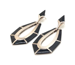 Silver Tone Black Onyx Inlay Dangling Drop Earrings w/ 925 SS Posts, 2 3/4" Tall - Picture 1 of 8