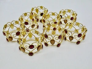 8 Pcs Gold-Tone Wire Napkin Rings Round Cuff Hearts Red and Amber Glass Stones - Picture 1 of 6