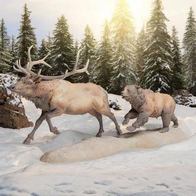 Grizzly Chasing Elk  Resin 3D Print Model RR Diorama Animal Den Unpainted - Image 1 of 4