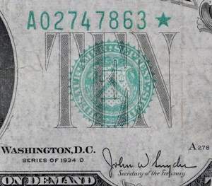 $10 1934D Star Federal Reserve Note A02747863* series D, Boston, ten dollar - Picture 1 of 3