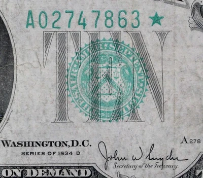 $10 1934D Star Federal Reserve Note A02747863* series D, Boston, ten dollar - Image 1 of 3