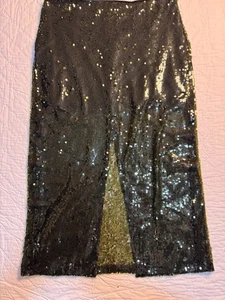 ZARA Womens Midi Skirt Green Sequin Front Slit Party Wear Cocktail Size XL NWT - Picture 1 of 9