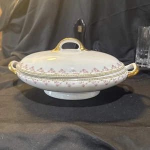 bernardaud limoges Early 1900s Pink Rose Swag Lidded Vegetable Tureen 8x10 1/2 I - Picture 1 of 11