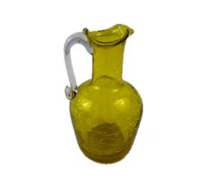 Vintage Yellow Crackle Glass Small Pitcher Vase Hand Blown with Applied Handle - Picture 1 of 15