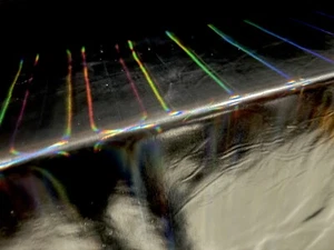 Metallic Lamé Stretch Spandex Fabric, Per Metre- Hologram Stripe - Black Rainbow - Picture 1 of 3