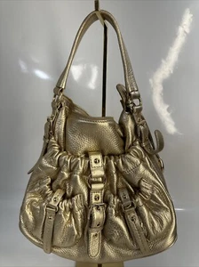 Michael Kors Metallic Gold Front Pockets Buckle Zipper Shoulder Bag Purse - Picture 1 of 8