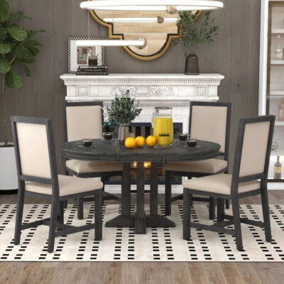 Farmhouse 5pc Dining Set, Extendable Round Table w/4 Upholstered Chairs, Black - Image 1 of 4