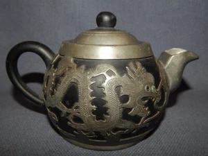 ANTIQUE CHINESE QING STONEWARE YIXING PEWTER OVERLAID DRAGON TEAPOT ~ SIGNED - Picture 1 of 7