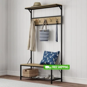 Entryway Bench W/ Coat Rack Shoe Storage Hooks Hall Tree Organizer Furniture New - Picture 1 of 7