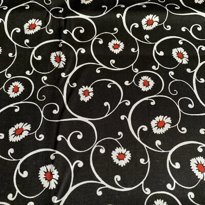 Daisy Swirl Floral Fabric By Springs Creative Products White Red Black OOP 1+Yds - Image 1 of 4