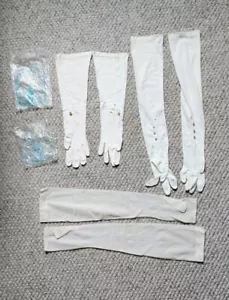 3 Vtg Van Raalte Long Opera Gloves Pearl Buttons Fingerless Mesh Nylon Stain 50s - Picture 1 of 15