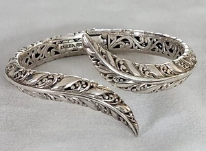 SARDA BALI Sterling Silver Leaf Oval Bypass Bangle Bracelet With Retention Hinge - Picture 1 of 14
