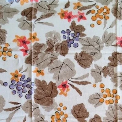 Vintage Floral Semi Sheer Fabric 70s Autumn Harvest Grapes Leaves 60W X 46L  - Image 1 of 4