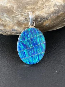 Mens Womens Blue Opal Southwestern Navajo Sterling Silver Inlay Pendant 13139 - Picture 1 of 12