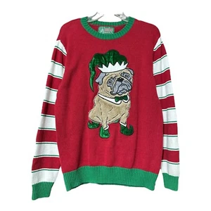 Ugly Christmas French Bulldog Candy Cane Stripe Sleeve Knit Sweater Size Medium - Picture 1 of 5