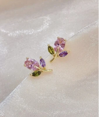 Pendientes Tulipán Flor Cristal Púrpura Verde Tachuela Oro Rosa Circonita Foto 1 de 4