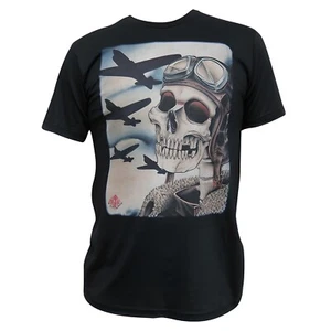 NEW Black Market Art Men's Black Skeleton Pilot Airplane T-Shirt Artist: 2 Cents - Picture 1 of 1