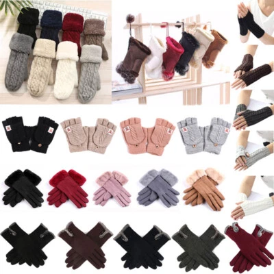 Women Ladies Gloves Thermal Warm Knitted Fleece Fingerless Suede Winter Mittens - Image 1 of 4