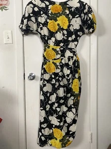 Vintage 1980's Cleopatra Brand Floral Dress Chiffon Deep Vneck Back Size Small - Picture 1 of 15