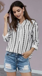 Women’s 3/4 Sleeve Striped Loose Casual Button Tunic Top M Blouse White Black U3 - Picture 1 of 8